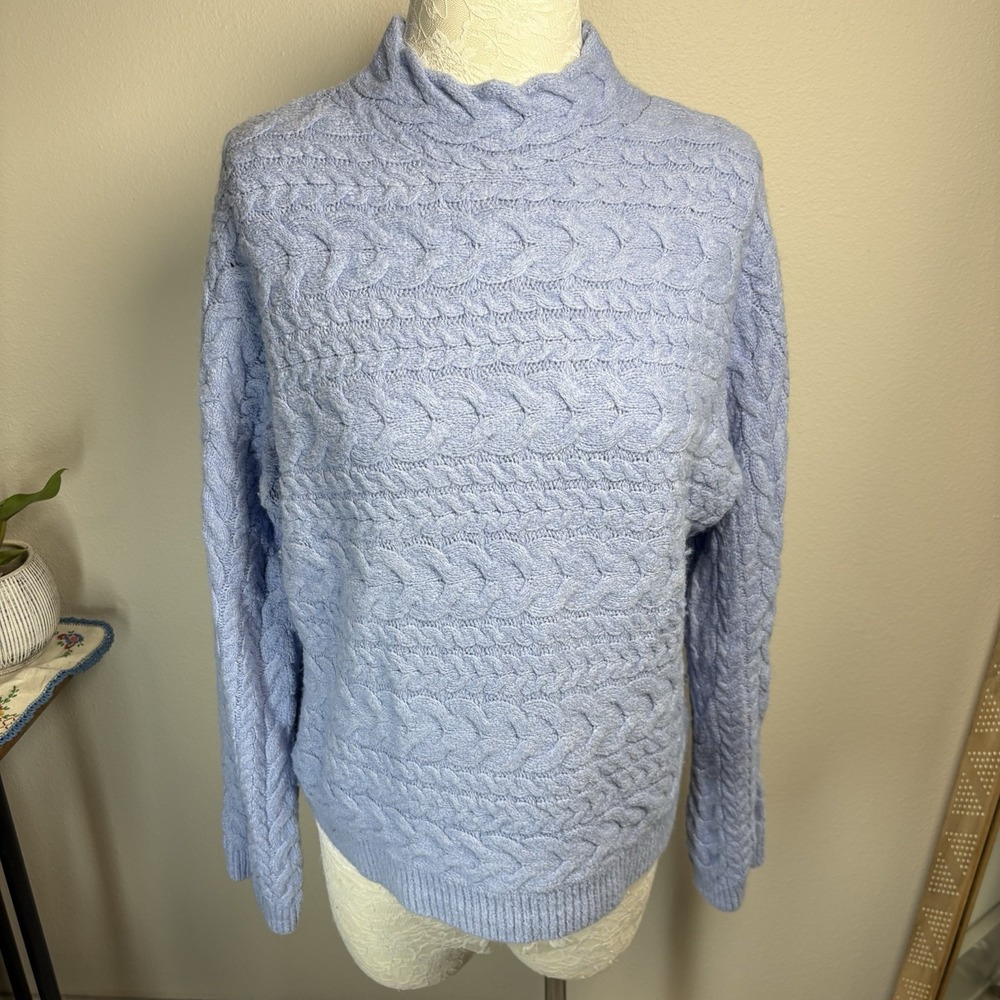 Lands End Women S Blue Sweater Cable Knit Mock Neck Cotton Wool Blend